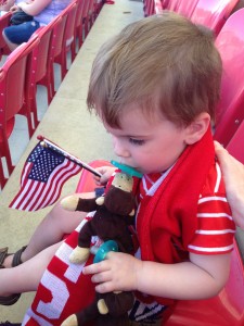 Excitement peaked 5 minutes before the game started. I had to hold him up so the little seat didn't flip up and fold him in half.